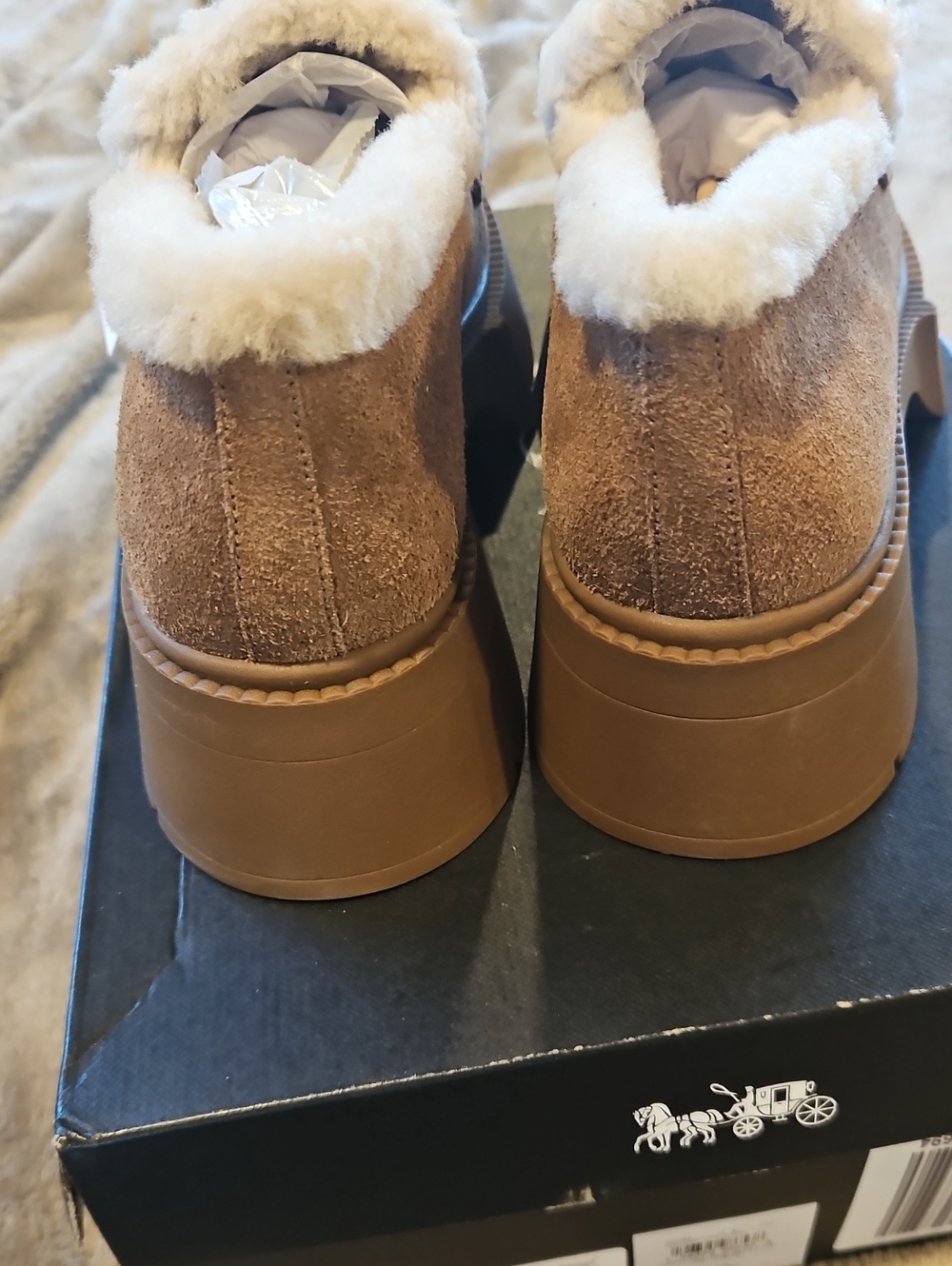 NWT Coach Leah Suede Shearling Lug Sole Loafers with Gold 'C' Accent - Picture 2 of 5